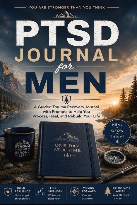 „PTSD Journal for Men“ – Ein geführtes Trauma-Erholungsjournal. Szenerie: Berglandschaft im Sonnenuntergang.