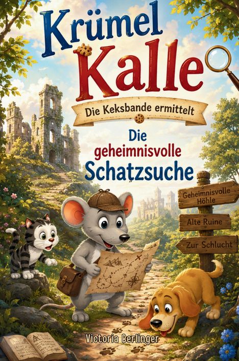 "Krümel Kalle: Die Keksbande ermittelt. Die geheimnisvolle Schatzsuche." Eine Maus mit Karte, Hund und Katze in Ruinen.