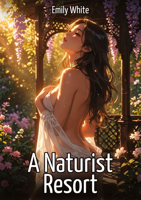 Text: "Emily White - A Naturist Resort." Illustration einer Frau im Garten, umgeben von Blumen und Sonnenlicht.