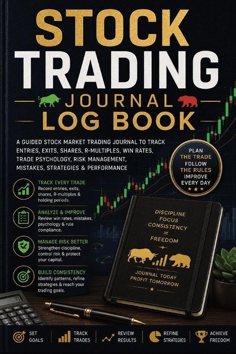 "STOCK TRADING JOURNAL LOG BOOK" in großen Buchstaben. Hintergrund mit Aktiencharts, Buch und Texten zur Finanzorganisation.