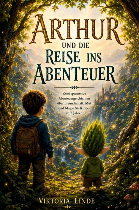 „Arthur und die Reise ins Abenteuer“ oben, darunter ein Junge und ein Fantasiewesen, die in eine Märchenlandschaft blicken. 