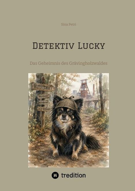 "Detektiv Lucky: Das Geheimnis des Grävingholzwaldes." Ein Hund mit Detektivmütze sitzt auf einem Waldpfad.