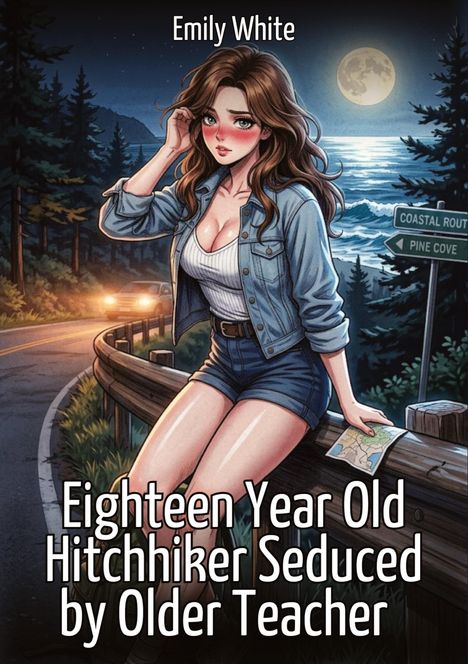 Aufschrift: "Emily White. Eighteen Year Old Hitchhiker Seduced by Older Teacher." Illustration eines Mädchens nachts an der Küste.