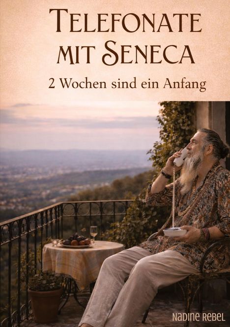 „Telefonate mit Seneca: 2 Wochen sind ein Anfang.“ Ein Mann sitzt entspannt auf einem Balkon mit Ausblick.