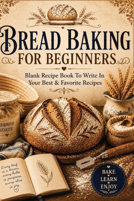 "Bread Baking for Beginners" steht über einem Brotlaib, umgeben von Backzubehör und Notizbuch.