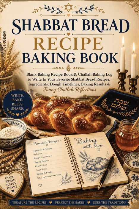 "SHABBAT BREAD RECIPE BAKING BOOK" steht groß oben, darunter ein Notizbuch, Brot, Getreide und Kerzen.