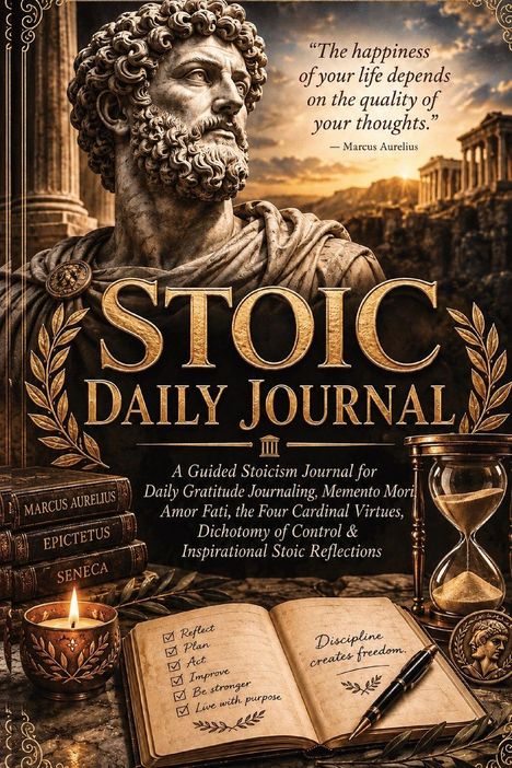 Texte: "The happiness of your life depends on the quality of your thoughts." -Marcus Aurelius. "STOIC DAILY JOURNAL." Illustration: Büste eines Mannes, historische Architektur, Bücher, Kerze, Schreibfeder.