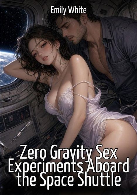 "Zero Gravity Sex Experiments Aboard the Space Shuttle" und "Emily White". Illustration von zwei Personen in einer Raumkabine.