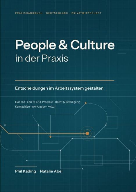 "People & Culture in der Praxis. Entscheidungen im Arbeitssystem gestalten." Abstrakte Linien und Diagramme im Hintergrund.