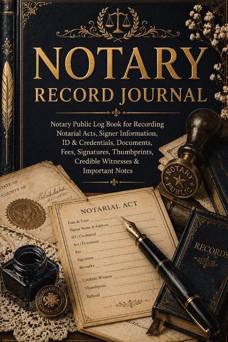 "NOTARY RECORD JOURNAL" in Gold auf dunkelblauem Hintergrund, mit Waage-Illustration und Notariatsutensilien.