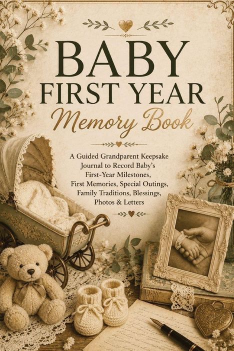 "Baby First Year Memory Book" steht im Zentrum. Vintage-Stil mit Bär, Babyschuhen, Kutsche und gerahmtem Foto einer Babyhand.