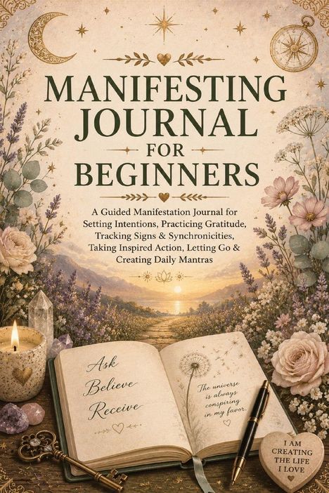 „Manifesting Journal for Beginners“ und „Ask, Believe, Receive“. Vintage-Stil mit Blumen, Mond und Kompass.