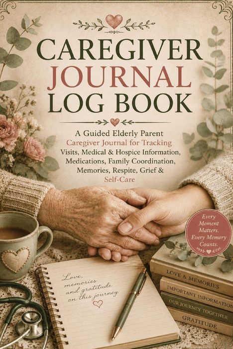 "Caregiver Journal Log Book" mit Untertitel über Pflege. Eine Tasse, zwei haltende Hände und Buchstapel im Hintergrund.