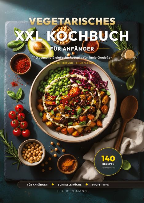 "Vegetarisches XXL Kochbuch für Anfänger. 140 Rezepte. Ein bunter Salat im Vordergrund, umgeben von frischen Zutaten."