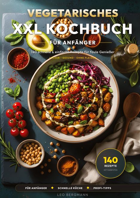 "Vegetarisches XXL Kochbuch", bunte Schüssel mit Hülsenfrüchten, Avocado, Tomaten, Flasche Öl, Text: "140 Rezepte".