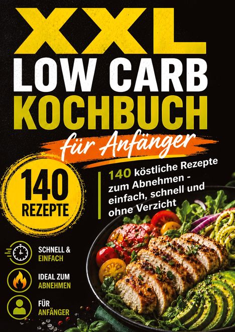 XXL Low Carb Kochbuch für Anfänger, 140 Rezepte. Ein Teller mit Hähnchen, Avocado und Gemüse.