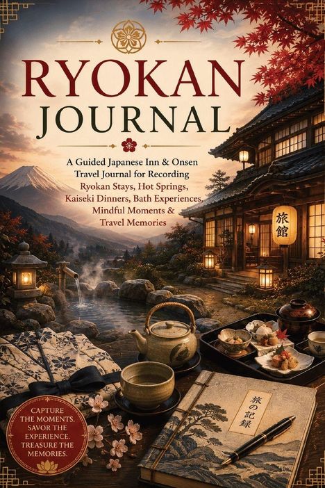 RYOKAN JOURNAL: Ein Reisejournal über japanische Gasthäuser und Onsen. Tee, Snacks und ein traditionelles Gebäude im Hintergrund.