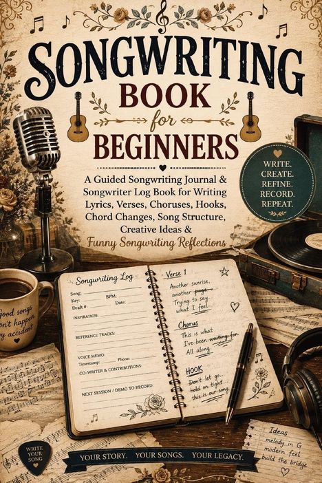 Titel: "Songwriting Book for Beginners". Ein altes Mikrofon, eine offene Notiz mit Songideen, Blumenmuster und Instrumente.