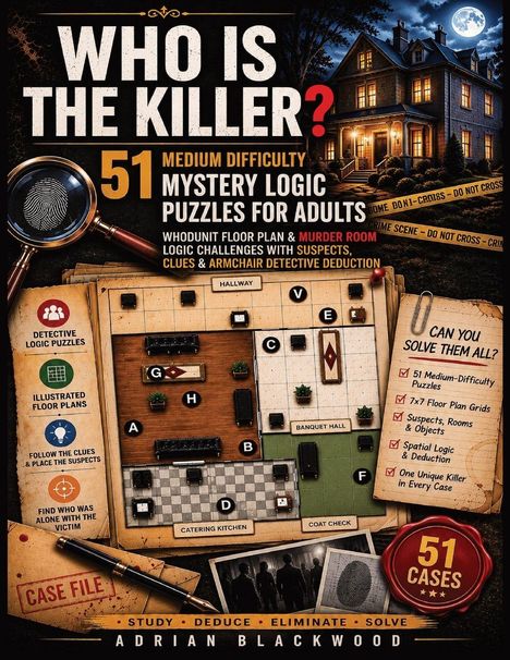 „WHO IS THE KILLER?“ Große weiße Buchstaben, rotes Fragezeichen. Ein dunkles Herrenhaus, gelbe "CRIME SCENE"-Bänder.
