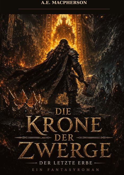 "Die Krone der Zwerge: Der letzte Erbe - Ein Fantasyroman." 

Eine Krone und ein Krieger mit Hammer vor einer feurigen Gestalt.