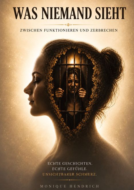 In großer Schrift: "WAS NIEMAND SIEHT", darunter "ZWISCHEN FUNKTIONIEREN UND ZERBRECHEN". Gesicht mit Frau hinter Gitterstäben.