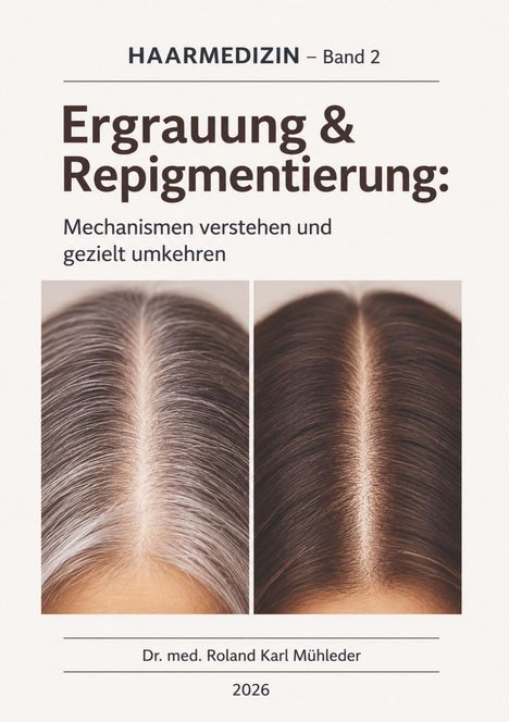 „HAARMEDIZIN – Band 2; Ergrauung & Repigmentierung: Mechanismen verstehen und gezielt umkehren“ zeigt Haare vorher/nachher.