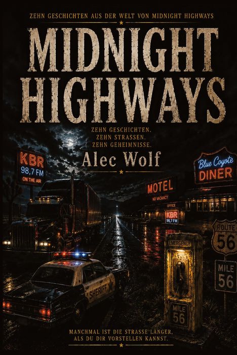 Titel: MIDNIGHT HIGHWAYS. Ein Sheriff-Auto und ein LKW auf einer nassen Straße bei Nacht, umgeben von Leuchtreklamen.