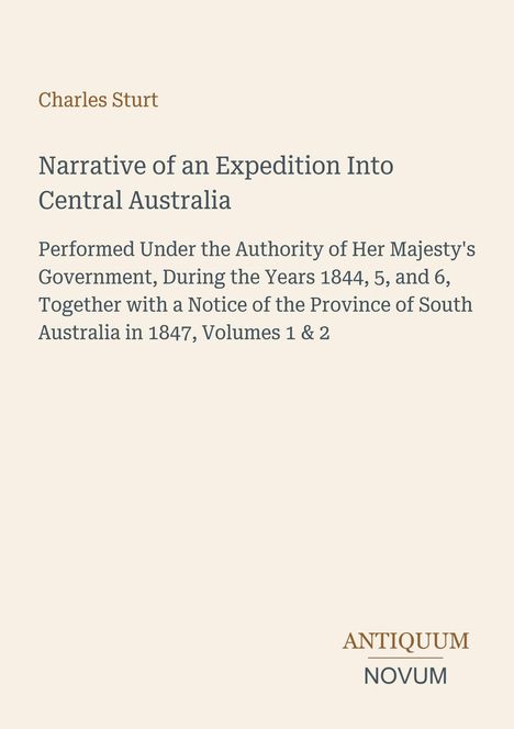 Titel: "Narrative of an Expedition Into Central Australia". Beige Hintergrund, schlichtes Design.