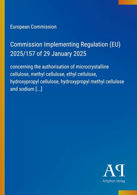Text über EU-Verordnung zur Genehmigung von Zellulosearten, blauer Hintergrund mit gelbem Streifen seitlich.