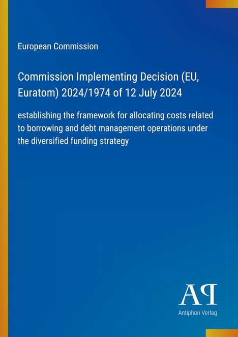 Text über EU-Kommissionsentscheidung zu Kostenzuweisung bei Schulden. Blauer Hintergrund mit gelben Akzenten unten.