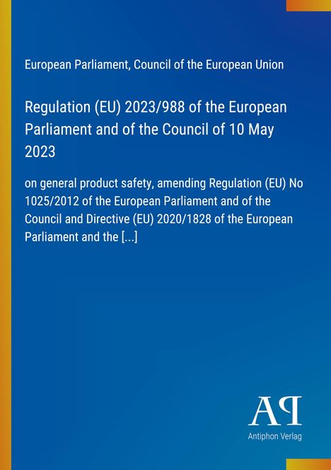Titel: "Regulation (EU) 2023/988". Blaues Cover mit gelbem Streifen links, "АЯ" Logo unten rechts.
