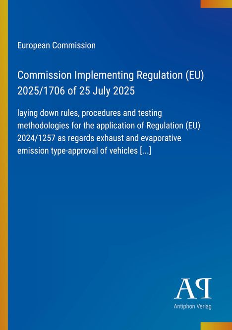 Text zur EU-Verordnung 2025/1706 mit Details zu Fahrzeugemissionen. Blaues Design mit vertikalem gelbem Streifen.