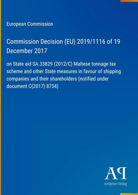 "European Commission, Commission Decision (EU) 2019/1116 of 19 December 2017." Blau mit gelbem Rand. Logo unten rechts.