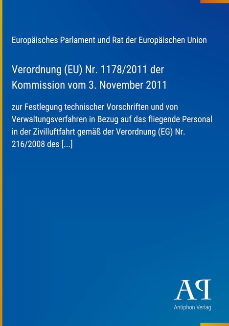 „Verordnung (EU) Nr. 1178/2011 der Kommission vom 3. November 2011“ auf blauem Hintergrund, Verlagssignet unten.