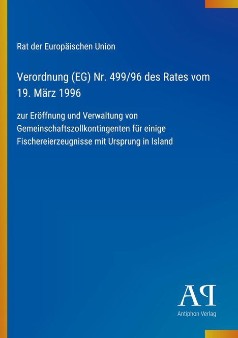 Blauer Hintergrund, gelber Streifen links, EU-Verordnungstext. Unten rechts ein Logo mit "AQ Antiphon Verlag".