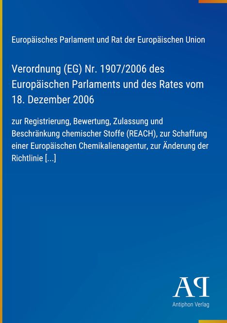 Text einer Verordnung des Europäischen Parlaments zu chemischen Stoffen auf blauem Hintergrund. Logo unten rechts.