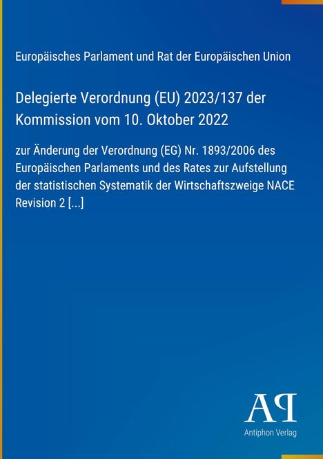 Text: EU-Verordnung (EU) 2023/137 vom Europäischen Parlament. Blaue Hintergrundfarbe. Logo unten rechts: "Antiphon Verlag".