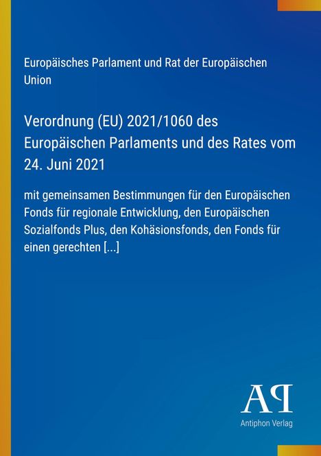 Text über EU-Verordnung und Fonds vor blauem Hintergrund. Unten ist ein weißes Logo "AA" des Antiphon Verlags.