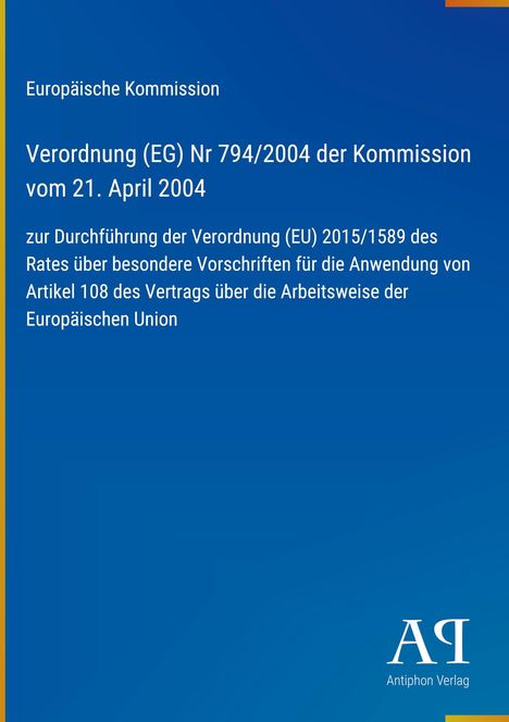 Text über EU-Gesetzgebung auf blauem Hintergrund. Unten rechts ein weißes Logo mit den Buchstaben "AR", darunter "Antiphon Verlag".