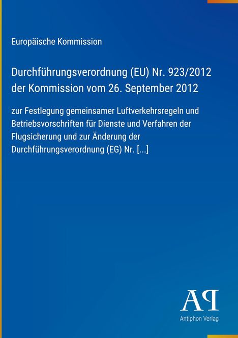 Text: "Europäische Kommission Durchführung... EG) Nr. [...]". Blaues Cover, unten Logo mit "Antiphon Verlag".