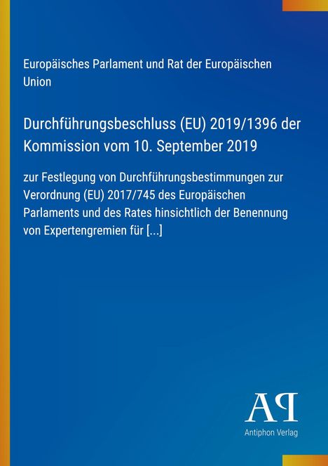 Text: Durchführungsbeschluss (EU) 2019/1396 der Kommission vom 10. September 2019. Logo unten rechts. Hintergrund blau.
