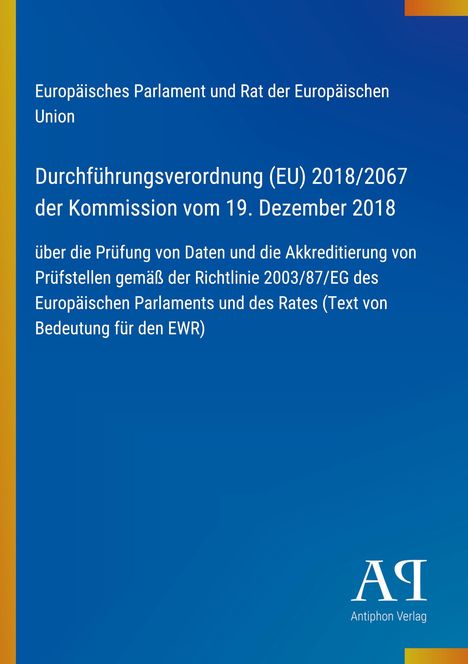 Text über EU-Verordnung, blau mit gelben Rand, weißes Logo "AΠ" unten rechts, "Antiphon Verlag".