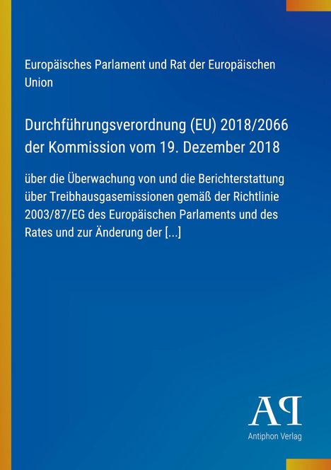 Titel: Durchführungsverordnung (EU) 2018/2066. Gestaltung in Blau- und Gelbtönen mit Verlag-Logo unten rechts.
