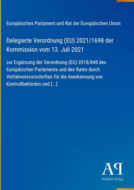 Text über EU-Verordnung auf blauem Hintergrund. Unten rechts ein weißes Logo und "Antiphon Verlag".