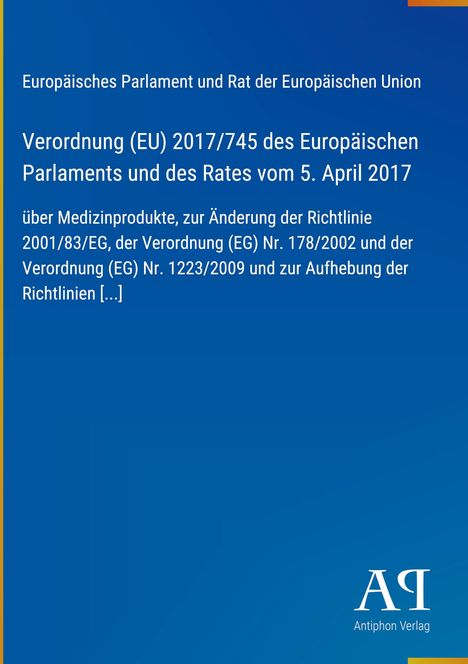 Cover eines Dokuments zur EU-Verordnung 2017/745 über Medizinprodukte, herausgegeben von Antiphon Verlag.