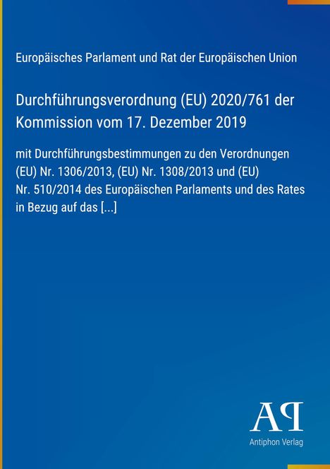 Durchführungsverordnung (EU) 2020/761, Kommission 2019. Weißer Text auf blauem Hintergrund, Logo unten rechts.