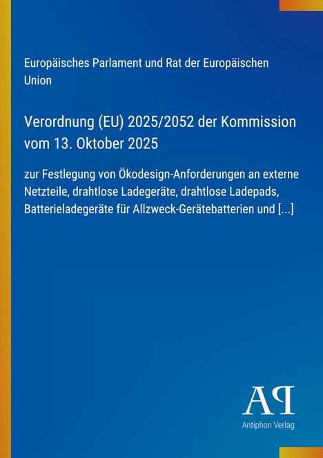 Verordnung zu Ökodesign-Anforderungen, EU 2025/2052, 13. Okt. 2025. Blauer Hintergrund, gelber Streifen links, Verlagssignet unten.