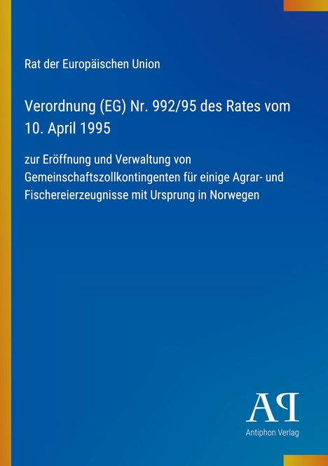 Titel: Verordnung (EG) Nr. 992/95 des Rates vom 10. April 1995. Blaues Design mit gelbem Rand und Verlag-Logo unten rechts.