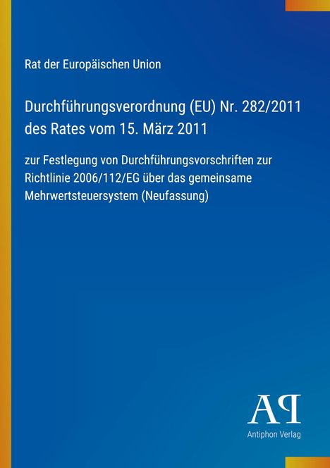 Text über EU-Durchführungsverordnung 282/2011, blauer Hintergrund mit gelben, orangefarbenen Details und Verlagssymbol.