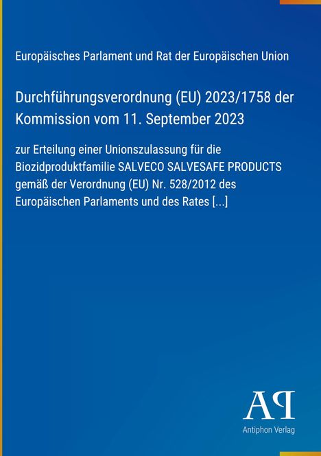 Durchführungsverordnung (EU) 2023/1758 der Kommission. Blaues Cover mit weißem Text, Logo unten rechts.